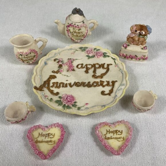 1996 Popular Imports Resin Tea Set Lot • Happy Anniversary Plate & Pieces - Picture 1 of 9